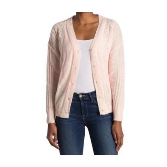 FRNCH Paris V-Neck Pointelle Women's Cardigan Sweater Pink Size Small NWT - Picture 1 of 10